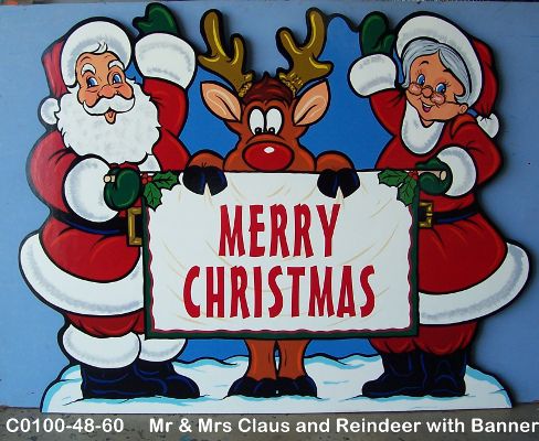 C0100Mr & Mrs Claus and Reindeer with Banner